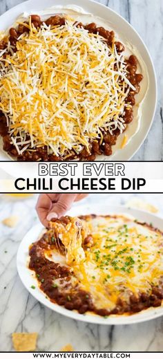 the best ever cheesy dip recipe with cheese on top and chili in the bottom