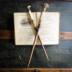 two old fashioned scissors sitting on top of an open book