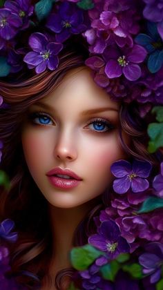 a woman with blue eyes surrounded by purple flowers