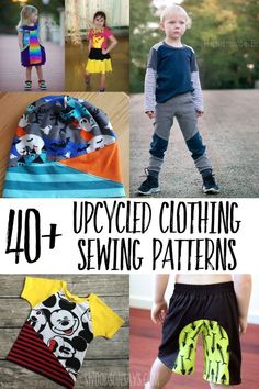 several different pictures of children's clothing with the words upcycled clothing sewing patterns