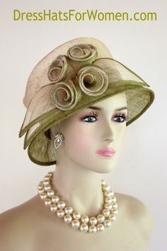 Ladies Ivory Or Light Creamy Beige And Olive Green Mix Sinamay Straw Designer Fashion Hat. This Dress Hat Is Suited For Weddings, Formals, Bridal, Mother Of The Bride, The Kentucky Derby And Horse Races.

Measurements: Crown Measures 22.5".  This lovely headpiece is suited for Spring, Summer or Early Fall.

All Sales Are Final. Olive Green Hat, Mother Of The Bride Hats, Church Lady Hats, Dressy Hats, Classy Hats, Royal Ascot Hats, Horse Races, Sinamay Hats, Bride Headpiece