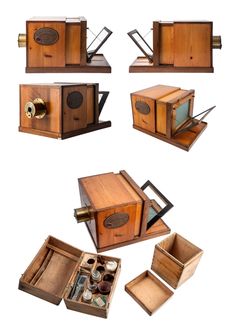 an assortment of wooden boxes with various compartments