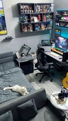 a living room filled with furniture and a guitar