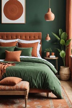 a bedroom with green walls and orange accents