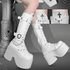 Kawaii Aesthetic Y2K Cute Fairy Black White Cross Boots ON1418 MK Kawaii Store White Tall Boots, Cross Boots, White Platform Boots, Kawaii Pajamas, Kawaii Sweatshirt, Gothic Bag, Heart Shaped Bag, Goth Shoes, Boot Stand