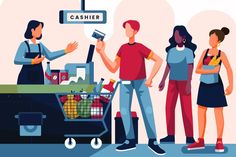 three people standing around a grocery cart with cashier in the back and an electronic sign above it