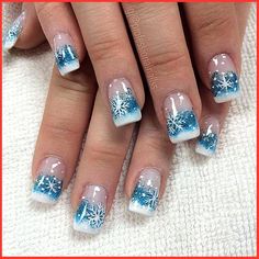 French Snowflake Nails, Winter Nails Acrylic, Cute Christmas Nails, Blue French, Snowflake Nails, Christmas Nails Acrylic, Coffin Nails Long