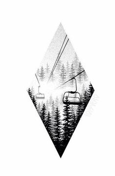 a black and white drawing of a ski lift with pine trees in the foreground