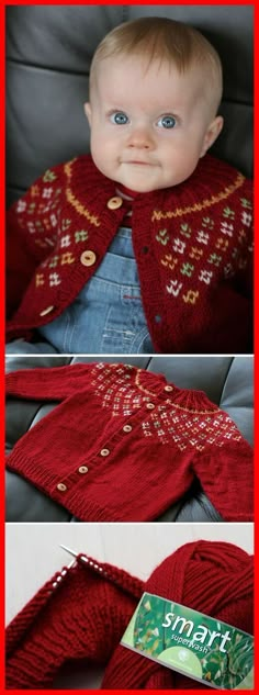 two pictures of a baby wearing a red knitted sweater and scarf with buttons on it