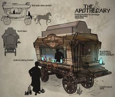 an old timey cart with people standing around it and the words, the apothecary