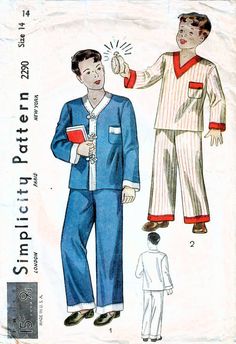 SIMPLICITY 2290: Use this later 1930s vintage sewing pattern for boys to sew a handsome pair of two piece long pajamas, with pajama top variations. SIZE INFORMATION: Choose from the following pattern sizes: Boys Size 6 Chest 24 inches PATTERN CONDITION: COMPLETE, USED (instructions and all pattern pieces (unprinted, precut, and in very good to excellent used condition)) Boys Size 14 Chest 32 inches PATTERN CONDITION: COMPLETE, USED (instructions and all pattern pieces (unprinted, precut, and in Retro Long Sleeve Sleepwear For Bedtime, Retro Long Sleeve Sleepwear For Pajama Party, Vintage Long Sleeve Sleepwear For Loungewear, Vintage Long Sleeve Sleepwear For Lounging, Retro Long Sleeve Sleepwear For Loungewear, Retro Long Sleeve Sleepwear For Home, Vintage Long Sleeve Loungewear Set, Long Pajamas, Girls Pinafore