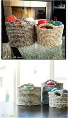 crocheted baskets with yarn in them sitting on a table