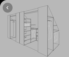 a drawing of an open closet with shelves and drawers on the wall, in front of a gray background