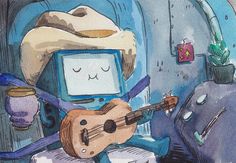 a watercolor painting of a guitar and other items in an airplane cabin with the door open