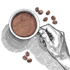 a hand holding a cup of coffee with roasted coffee beans coming out of the cup