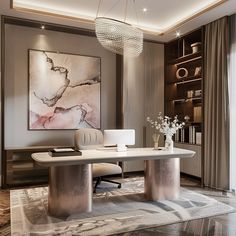 an elegant office with marble flooring and chandelier above the desk, along with a painting on the wall