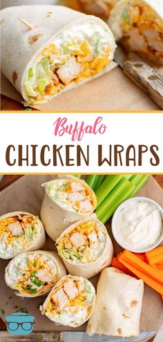 chicken wraps with ranch dressing and carrots on the side are shown in this collage