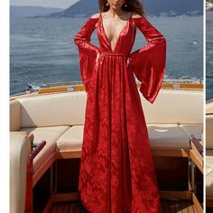 This Dress Will Reinvent The Modern Woman With Its Plunging Neckline, Voluminous Kimono Sleeves, And Braided Belt. Fitted At The Waist And Falling To An A-Line Silhouette, This Maxi Dress Is Rendered From A Patterned Satin Fabric In A Vibrant Red Red Flowy Dress, Red Maxi Dress, Red Maxi, Red Dress Maxi, Cape Sleeves, Kimono Sleeves, Braided Belt, Kimono Sleeve, Flowy Dress