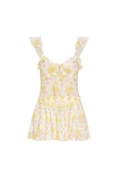 Channeling sunshine in the Frista Dress. This playful mini debuts with a cotton voile and a pretty mixed print featuring pastel florals all over. Beginning with flutter straps, the dress has ruffles lining the neckline, tiny tie details at the front and a slightly dropped waist for a flattering silhouette.