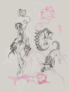 an image of some drawings that are in the style of cartoon character art, with pink and black ink on gray paper