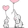 an elephant holding a heart shaped balloon while another elephant holds it up with its trunk