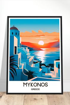 a poster with the words mykonos on it and a sunset in the background