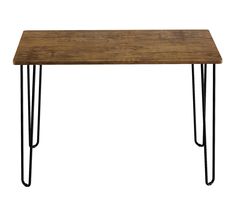 a wooden table with black hairpinks on the legs and a wood top, against a white background