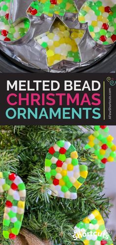 melted bead christmas ornaments on a tree with text overlay that reads melted bead christmas ornaments ornaments