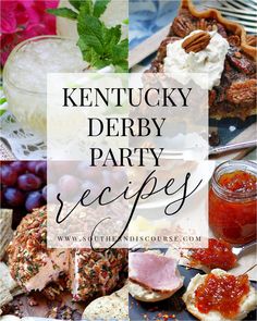 the kentucky derby party recipe is shown with grapes, meats and other food items