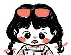 a drawing of a girl with sunglasses on her head and hair in pigtails, wearing overalls