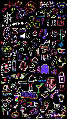 a black background with neon colored doodles and letters in different sizes, shapes, and colors