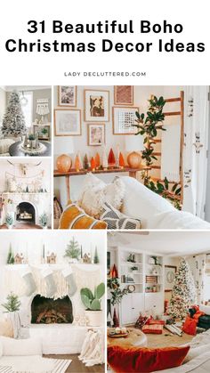 beautiful boho christmas decor ideas for the living room and dining room with white furniture