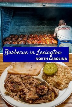 barbecue in lexington north carolina with pork, rice and green peppers on a white plate