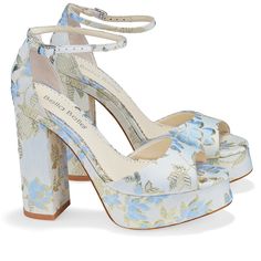 Blue Floral Jacquard Platform Sandals, Catarina | Bella Belle Quinceanera Heels Blue, Flower Fabric Pattern, Pretty Heels, Next Shoes, Beautiful Sandals, Bridesmaid Shoes, Floral Jacquard, Swag Shoes, Jacquard Pattern