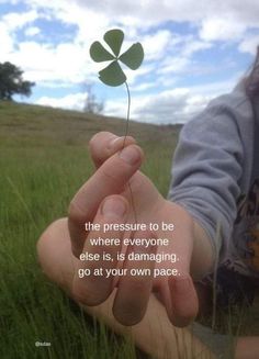 a person holding a four leaf clover in their hand with the caption, the pressure to be where everyone else is, is damageing go at your own place