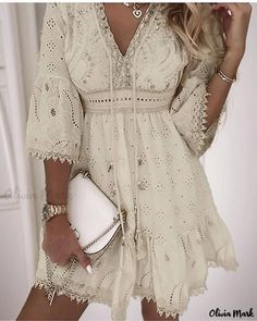 OliviaMark - Exquisite Ivory Hollow Out Fringed Embroidered V-Neck Dress Boho Mode, White Lace Mini Dress, Estilo Chic, Summer Wedding Dress, Lace White Dress, Tunisia, Sierra Leone, Lace Mini Dress, Homecoming Dress