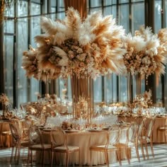 Brown And Gold Wedding Decorations, Aesthetic Wedding Centerpieces, Boho Wedding Decorations Centerpieces, Brown And Gold Wedding Theme, Gold And Copper Wedding, Atypical Wedding, Wedding Color Schemes Gold, Pampas Grass Centerpiece, Royalty Wedding Theme