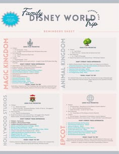 the disney world trip poster is shown in pink and blue