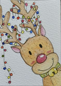 a drawing of a reindeer with christmas lights on it's antlers and nose