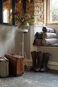 a window sill filled with lots of luggage next to a potted plant on top of a window sill