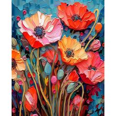 an abstract painting of red and orange flowers