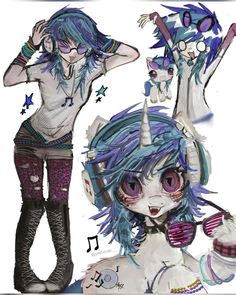 an anime character with blue hair and horns on her head, wearing purple pants and knee high boots