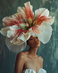 a woman in a white dress with a large flower on top of it's head