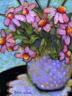 a painting of pink flowers in a vase