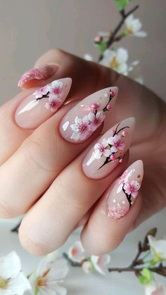 Cherry Blossom Nails Design, Cherry Blossom Nails Art, Spring Manicure, Pastel Nail Art, Pink Nail Art Designs, Cherry Blossom Nails, Simple Spring Nails, Small Nails, Korean Nail Art