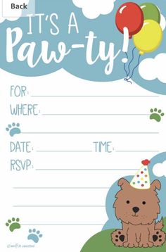 a birthday party card with a dog and balloons on the front, it's a paw