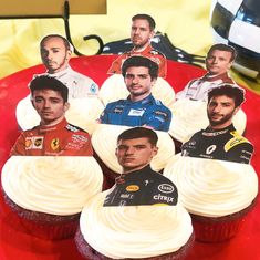 the cupcakes are decorated with photos of nascar drivers