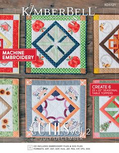 the cover of kimberell's machine embroidery book, featuring four different designs