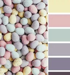 the color scheme is pastel pink, grey and white with speckled chocolate eggs