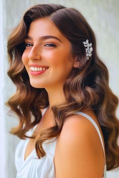 Half Updo Hollywood Waves, Hollywood Waves Hairstyle, Ponytail Hairstyle Ideas, Prom Hairstyle Ideas, Old Hollywood Waves, Curly Prom Hair, Blonde High, Half Up Wedding Hair, Glam Wedding Makeup